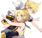  &gt;:( +_+ :3 ahoge back_peek bare_shoulders blonde_hair blue_eyes blush bow carrying carrying_over_shoulder carrying_person detached_sleeves hair_bow hair_ornament hairclip headphones headset kagamine_len kagamine_rin leg_warmers lifting_person open_mouth outstretched_arms sailor_collar shimada71_72 shirt short_hair short_ponytail shorts sleeveless sleeveless_shirt sparkle star-shaped_pupils star_(symbol) surprised sweatdrop symbol-shaped_pupils v-shaped_eyebrows vocaloid w white_bow wide-eyed yellow_nails 