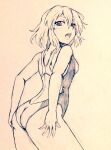  1girl alternate_costume ass bare_legs breasts commentary_request covered_navel d-m_(dii_emu) eyebrows_visible_through_hair eyelashes greyscale hands_on_own_ass kazami_yuuka looking_at_viewer monochrome one-piece_swimsuit open_mouth swimsuit touhou 
