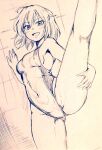  1girl alternate_costume bare_legs breasts commentary_request covered_navel d-m_(dii_emu) eyebrows_visible_through_hair eyelashes greyscale kazami_yuuka leg_up looking_at_viewer monochrome one-piece_swimsuit open_mouth short_hair small_breasts swimsuit touhou wall 