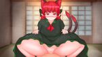  1boy 1girl absurdres animal_ears blurry blurry_background blush bow cat_ears cat_tail censored clothes_lift cowgirl_position dress dress_lift girl_on_top hair_bow hetero highres kaenbyou_rin pov red_eyes red_hair sex solo_focus straddling sweat tail textless touhou vaginal yumenomimizuku 