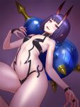  1girl bangs bare_shoulders bob_cut breasts bridal_gauntlets eyeliner fang fate/grand_order fate_(series) fingernails gourd highres horns long_fingernails looking_at_viewer makeup minazuki_juuzou navel oni oni_horns open_mouth pointy_ears purple_background purple_eyes purple_hair revealing_clothes short_hair shuten_douji_(fate) simple_background skin-covered_horns small_breasts solo thighs 
