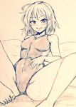  1girl alternate_costume bare_legs barefoot breasts commentary_request covered_navel d-m_(dii_emu) eyebrows_visible_through_hair eyelashes greyscale kazami_yuuka looking_at_viewer medium_breasts monochrome one-piece_swimsuit open_mouth short_hair sitting swimsuit toes touhou 