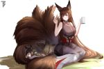  2girls amagi_(azur_lane) animal_ears azur_lane breasts brown_hair commander_cool cup eyebrows_visible_through_hair fox_ears fox_tail highres holding holding_cup japanese_clothes jewelry large_breasts long_hair lying mother_and_daughter multiple_girls multiple_tails on_stomach purple_eyes ring sleeping smile tail twintails very_long_hair wedding_ring white_background 