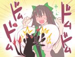  1girl anger_vein bangs black_cat black_hair blush bow breast_envy breast_slap breasts cat center_frills closed_eyes collared_shirt commentary_request fang frills green_bow hair_between_eyes hair_bow huge_breasts impossible_clothes impossible_shirt kaenbyou_rin kaenbyou_rin_(cat) long_hair nose_blush open_mouth otoufu_(wddkq314band) reiuji_utsuho shirt smile third_eye touhou translation_request upper_body wavy_mouth white_shirt 