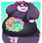  2022 alp_(tas) anthro balls belly big_belly black_nose blush clothing genitals giant_panda hat headgear headwear hi_res kemono kusosensei lifewonders male mammal obese obese_male overweight overweight_male penis purple_body shirt small_penis solo tokyo_afterschool_summoners topwear ursid video_games white_body 