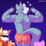  2022 anthro biceps blue_background canid canine canis clothed clothing dotted_background duo eyebrows eyes_closed eyewear fizzyjay flexing fox fox_mccloud fur gesture hair hi_res male mammal meme muscular muscular_anthro muscular_male neckerchief nintendo pattern_background rear_view shirt simple_background smile standing star star_fox sunglasses tank_top teeth text topless topless_anthro topless_male topwear tuft underwear url video_games wolf wolf_o&#039;donnell 