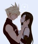  1boy 1girl black_hair blonde_hair blue_eyes blush caress closed_eyes cloud_strife detached_sleeves final_fantasy final_fantasy_vii final_fantasy_vii_remake hand_on_another&#039;s_cheek hand_on_another&#039;s_chest hand_on_another&#039;s_face hands heart highres long_hair looking_at_another mercy_(myrrcy) spiked_hair suspenders tank_top tifa_lockhart turtleneck 