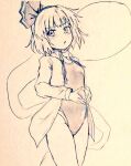  1girl alternate_costume bare_legs bob_cut breasts collared_shirt commentary_request covered_navel cowboy_shot d-m_(dii_emu) eyebrows_visible_through_hair eyelashes greyscale konpaku_youmu konpaku_youmu_(ghost) looking_at_viewer monochrome one-piece_swimsuit open_clothes open_mouth open_shirt ribbon shirt short_hair small_breasts swimsuit swimsuit_under_clothes touhou unbuttoned unbuttoned_shirt 