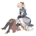  1boy 1girl aether_(genshin_impact) black_bow black_gloves blonde_hair blue_capelet blue_eyes blush boots bow brown_gloves capelet closed_mouth ear_blush genshin_impact gloves grey_background grey_scarf hair_bow jean_(genshin_impact) jean_(gunnhildr&#039;s_legacy)_(genshin_impact) knee_boots light_blue_eyes long_hair ponytail scarf simple_background sitting_on_face squatting sukoyaka93 