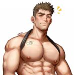  1boy abs artist_name bara bare_pectorals biceps blush brown_eyes brown_hair buzz_cut chest_hair clothes_lift ear_piercing earrings facial_hair greenteaa hamster jewelry large_pectorals long_sideburns looking_at_viewer male_focus manly muscular muscular_male nipples original pectorals piercing scar shirt_lift short_hair sideburns smile solo spiked_hair stubble tank_top tattoo thick_arms thick_eyebrows upper_body very_short_hair white_background 