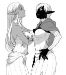 2girls black_skin breast_press breasts bustier capelet character_request cithis cleavage colored_skin crossed_arms dark-skinned_female dark_elf dark_skin dungeon_meshi elf faceoff facial_mark forehead_mark gorget hands_on_hips highres jack_(haist) large_breasts long_hair medium_breasts monochrome multiple_girls pointy_ears short_hair symmetrical_docking white_background 