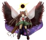  1girl 5515hr absurdres arm_cannon asymmetrical_footwear atom bangs bird_wings black_legwear black_sun black_wings bow brown_eyes brown_hair cape closed_mouth collared_shirt commentary_request control_rod frilled_shirt_collar frilled_skirt frills full_body green_bow green_skirt hair_bow highres kneehighs long_hair looking_at_viewer mismatched_footwear pointing pointing_up ponytail reiuji_utsuho shirt shoes short_sleeves simple_background single_shoe skirt smile solo starry_sky_print sun third_eye touhou very_long_hair weapon white_background white_cape white_shirt wings 