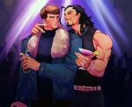  2boys artist_name bar bara beard belt biceps black_hair blue_eyes blush bracelet brown_hair chair collar cup drinking_glass drinking_straw facial_hair falloutbart food fruit garen_(league_of_legends) hand_on_another&#039;s_shoulder jacket jewelry league_of_legends lemon lemon_slice light long_hair long_sleeves looking_at_another mature_male multiple_boys muscular muscular_male pants shirt sleeveless stage_lights stubble sweater sylas_(league_of_legends) thick_arms thick_eyebrows turtleneck turtleneck_sweater yaoi 