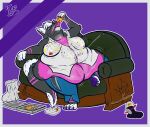  anthro canid canine clothing food fox furniture hi_res male mammal obese overweight pizza pizza_box pyne_(artist) simple_background slob solo wardrobe_malfunction 