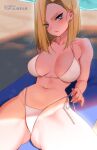  1girl android_18 bangs bare_shoulders bikini blonde_hair blue_eyes blush breasts cleavage collarbone dragon_ball dragon_ball_z earrings forehead highres jewelry large_breasts looking_at_viewer navel parted_bangs short_hair solo swimsuit thighs tofuubear white_bikini 
