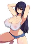  1girl armpits arms_behind_back arms_up bare_legs barefoot black_hair blue_shorts blush bra breasts chinese_commentary cleavage covered_nipples eyebrows_visible_through_hair foot_out_of_frame hair_between_eyes highres huge_breasts long_hair looking_at_viewer navel nipples no_bra open_mouth original red_eyes see-through short_shorts shorts simple_background smile solo sports_bra spread_legs squatting stomach straight_hair sweat thighs tiptoes underwear white_background white_bra xperiajoker 
