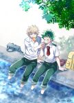  &gt;_&lt; 2boys backpack backpack_removed bag bakugou_katsuki barefoot blonde_hair boku_no_hero_academia collared_shirt feet food food_on_face freckles green_hair green_pants highres holding holding_food ice_cream_cone leaf male_focus midoriya_izuku multiple_boys necktie outdoors pants pants_rolled_up popsicle red_eyes red_necktie scar scar_on_arm school_uniform shirt shoes shoes_removed sitting soaking_feet spiked_hair teeth_hold twintails u.a._school_uniform ume_(326310) water white_shirt 