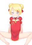  1girl absurdres atg_(wttoo0202) bangs bare_legs barefoot blonde_hair blue_eyes blush braid braided_bun china_dress chinese_clothes closed_mouth double_bun dress eyebrows_behind_hair feet_out_of_frame flat_chest hair_ornament hair_ribbon hairclip highres no_panties original red_dress red_ribbon ribbon short_eyebrows short_hair short_sleeves simple_background solo spread_legs swept_bangs thick_eyebrows white_background 