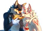  2022 anthro beverage canid canine canis duo eating eyes_closed female food holding_beverage holding_object male mammal pizza reilukah simple_background white_background wolf 