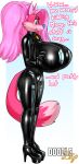  anthro big_breasts boots breasts canid canine catsuit_(disambiguation) clothed clothing collar corset crackiepipe denisse doodle_dip female footwear fox hair hi_res huge_breasts latex leather lingerie mammal pink_body pink_hair reflective_clothing rubber shiny_(disambiguation) slim solo text tight_clothing topwear 