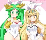  2girls absurdres animal_ears bangs blonde_hair breasts chest_jewel crossover fake_animal_ears green_eyes green_hair highres kid_icarus large_breasts leotard long_hair multiple_girls mythra_(xenoblade) palutena playboy_bunny rabbit_ears strapless strapless_leotard swept_bangs undefined very_long_hair yamagiwajustin yellow_eyes 