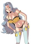  1girl absurdres black_panties blush breasts cleavage clothes_pull collarbone commentary grey_eyes grey_hair highres karen_(pokemon) leaning_forward long_hair looking_at_viewer navel open_mouth panties pants pants_pull pokemon pokemon_(game) pokemon_hgss pulled_by_self shiny shiny_skin shirt simple_background solo teeth underwear undressing upper_teeth vmfhaldnjfem white_background yellow_shirt 