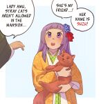  1girl 1other animal black_sleeves cat english_text floral_print flower green_kimono hair_flower hair_ornament hieda_no_amu holding holding_animal holding_cat japanese_clothes kimono long_hair nekolina purple_eyes purple_hair touhou yellow_kimono younger 