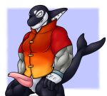  altenusy anthro barazoku cetacean clothing delphinoid digital_media_(artwork) erection genitals humanoid machine male mammal marine muscular muscular_male oceanic_dolphin orca penis robot simple_background slit solo toothed_whale 