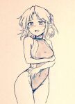  1girl alternate_costume bare_legs braid breasts commentary_request covered_navel d-m_(dii_emu) eyebrows_visible_through_hair eyelashes french_braid greyscale looking_at_viewer mizuhashi_parsee monochrome one-piece_swimsuit open_mouth pointy_ears short_hair swimsuit touhou traditional_media 