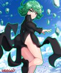  1girl absurdres artist_name ass black_dress blue_sky breasts city cloud curly_hair dress english_commentary flying green_eyes green_hair grin high_heels highres long_sleeves looking_at_viewer looking_back one-punch_man rock sarukaiwolf short_hair sky small_breasts smile solo tatsumaki taut_clothes taut_dress teeth telekinesis thighs v-shaped_eyebrows 