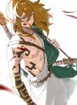  1boy bangs blood blood_on_face blue_eyes blurry bow_(weapon) brown_hair closed_mouth commentary_request crossed_bangs earrings hair_between_eyes highres holding holding_strap jewelry leopardtiger link long_hair male_focus pointy_ears solo the_legend_of_zelda the_legend_of_zelda:_breath_of_the_wild weapon white_background 