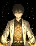  1boy a_(lobotomy_corporation) belt black_background black_hair black_shirt buttons glowing glowing_eyes kan_(aaaaari35) labcoat light_particles lobotomy_corporation looking_at_viewer open_hands project_moon shirt short_hair slight_smile solo spoilers tree_of_life upper_body yellow_eyes 