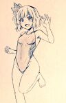  1girl alternate_costume bare_legs bare_shoulders black_hairband black_ribbon blue_eyes bob_cut breasts commentary_request covered_navel d-m_(dii_emu) eyebrows_visible_through_hair eyelashes greyscale hair_ribbon hairband konpaku_youmu leg_up looking_at_viewer monochrome one-piece_swimsuit open_mouth ribbon short_hair small_breasts standing standing_on_one_leg swimsuit touhou traditional_media 
