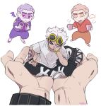  4boys angel_and_devil arm_tattoo black_hair black_jacket black_pants brown_pants carrying cup eyewear_on_head grey_hair guzma_(pokemon) holding holding_cup jacket male_focus miniboy mug multicolored_hair multiple_boys nanu_(pokemon) one_eye_closed pants pokemon pokemon_(game) pokemon_sm purple_jacket purple_pants purple_shirt red_shirt roar_kibachan sandals shirt shoes short_hair short_sleeves signature sitting steam sunglasses tattoo team_skull two-tone_hair white_footwear white_hair white_shirt wings yellow-framed_eyewear 