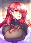  1girl anisdrawn bangs blurry blurry_background bodysuit breasts coat fur_coat hair_over_one_eye highres kirijou_mitsuru large_breasts lips lipstick long_hair looking_at_viewer makeup parted_bangs persona persona_3 persona_4:_the_ultimate_in_mayonaka_arena red_eyes red_hair smile solo sparkle white_coat 
