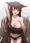  1girl absurdres akagi_(azur_lane) alternate_costume animal_ear_fluff animal_ears arm_behind_back armpits ass_visible_through_thighs azur_lane bangs black_nightgown black_panties blush breasts brown_hair collarbone eyebrows_visible_through_hair feet_out_of_frame fox_ears highres holding holding_toothbrush ichikushi_mojibake large_breasts leaning_forward long_hair looking_at_viewer navel nightgown open_mouth panties red_eyes simple_background solo standing teeth toothbrush toothpaste underwear upper_teeth 