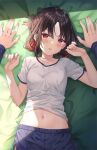  1boy 1girl artist_name bangs black_hair blue_shorts blush breasts collarbone commentary english_commentary folded_ponytail gym_shirt gym_shorts gym_uniform hair_between_eyes hair_ribbon hands_up highres hitsukuya kaguya-sama_wa_kokurasetai_~tensai-tachi_no_renai_zunousen~ long_sleeves looking_at_viewer lying midriff navel on_back out_of_frame parted_bangs parted_lips pov red_eyes red_ribbon ribbon shinomiya_kaguya shirogane_miyuki shirt short_sleeves shorts signature small_breasts solo_focus white_shirt 