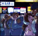  anthro ashigara blush breath brown_body brown_fur canid canine canis clothing domestic_dog embarrassed eyebrows female fur group hikoero777 jacket lifewonders male mammal scarf thick_eyebrows tokyo_afterschool_summoners topwear ursid video_games winter yasuyori 