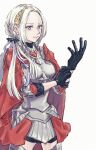  1girl adjusting_clothes adjusting_gloves alternate_costume alternate_hairstyle armor breastplate breasts cape closed_mouth edelgard_von_hresvelg fire_emblem fire_emblem:_three_houses fire_emblem_warriors:_three_hopes gloves hair_ornament hair_ribbon highres ichi27ichi long_hair long_sleeves looking_at_viewer official_alternate_costume official_alternate_hairstyle purple_eyes red_cape ribbon simple_background skirt smile solo white_hair 