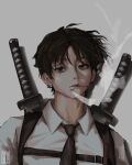  1boy black_hair black_necktie chainsaw_man cigarette earrings formal grey_background highres jewelry katana kishibe_(chainsaw_man) looking_at_viewer necktie scar scar_on_cheek scar_on_face simple_background smoke smoking solo suit sword taorotana weapon 