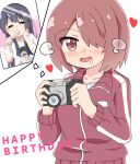  2girls :d bangs black_hair blush brown_eyes brown_hair brown_jacket camera closed_eyes commentary_request drooling eyebrows_visible_through_hair hair_over_one_eye hand_on_own_face hands_up happy_birthday heart heavy_breathing higero_(wataten) holding holding_camera holding_spoon hoshino_miyako_(wataten) jacket kapuru_0410 multiple_girls print_shirt saliva shirosaki_hana shirt short_sleeves simple_background smile spoon track_jacket watashi_ni_tenshi_ga_maiorita! white_background white_shirt 