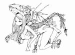  1girl acky_bright bangs breasts expressionless flower highres leaf long_hair medium_breasts monochrome original shoes simple_background skeletal_wings skeleton solo white_background wings 
