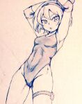  1girl alternate_costume arms_up bare_legs bea_(pokemon) breasts commentary_request covered_navel cowboy_shot d-m_(dii_emu) eyebrows_visible_through_hair eyelashes greyscale hairband leg_strap looking_at_viewer monochrome one-piece_swimsuit open_mouth pokemon pokemon_(game) short_hair swimsuit thigh_strap traditional_media 