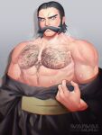  1boy abs absurdres artist_logo bara bare_pectorals bare_shoulders beard biceps black_hair black_kimono blurry blush brown_eyes chest_hair closed_mouth facial_hair focus_blur frown highres japanese_clothes kamado_(pokemon) kimono large_pectorals looking_down male_focus mature_male mustache nipples partially_undressed pectorals pokemon pokemon_(game) pokemon_legends:_arceus sash short_hair sideburns simple_background solo steam_from_mouth sweatdrop thick_eyebrows undressing upper_body waiwai_mura yellow_sash 