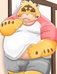  2022 anthro belly big_belly blush brush brushing brushing_teeth bulge clothing erection eyes_closed felid hi_res humanoid_hands kemono male mammal morning_wood overweight overweight_male pantherine pink_nose puss3250 shirt solo tiger tired topwear underwear 