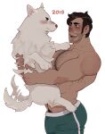  2018 ambiguous_gender blue_eyes blush body_hair bottomwear brown_hair canid canine canis carrying chest_hair clothed clothing domestic_dog duo feral fur green_bottomwear green_clothing hair hi_res human male mammal muscular muscular_human muscular_male open_mouth open_smile ruisselait simple_background smile tail_motion tailwag teeth topless white_background white_body white_fur 