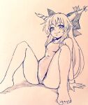  1girl alternate_costume arm_support bare_legs barefoot breasts closed_mouth commentary_request covered_navel d-m_(dii_emu) eyebrows_visible_through_hair eyelashes fang greyscale looking_at_viewer monochrome one-piece_swimsuit open_mouth sitting sketch smile swimsuit toes touhou traditional_media 