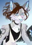  2022 anthro blue_eyes breasts brown_hair canid canine clothed clothing digital_media_(artwork) ear_piercing ear_ring female fur gradient_background grey_body grey_fur hair hi_res looking_at_viewer mammal omesore open_mouth piercing pink_nose simple_background smile teeth tongue 