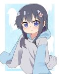  1girl :&lt; bangs black_hair blue_background blue_eyes blush closed_mouth commentary_request drawstring eyebrows_visible_through_hair flower full_body grey_hoodie hair_between_eyes hair_flower hair_ornament highres hood hood_down hoodie kapuru_0410 knees_up long_hair long_sleeves looking_at_viewer oversized_clothes pink_flower shirosaki_hana sitting sleeves_past_fingers sleeves_past_wrists solo two-tone_background very_long_hair watashi_ni_tenshi_ga_maiorita! white_background 