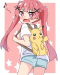 1girl :d backpack bag bangs blue_shorts blush commentary_request eighth_note eyebrows_visible_through_hair fang from_behind hair_ornament highres kapuru_0410 long_hair looking_at_viewer looking_back musical_note pikachu pink_background pokemon purple_eyes red_hair shirt short_shorts short_sleeves shorts smile solo starry_background tanemura_koyori twintails two-tone_background very_long_hair watashi_ni_tenshi_ga_maiorita! white_background white_shirt x_hair_ornament 